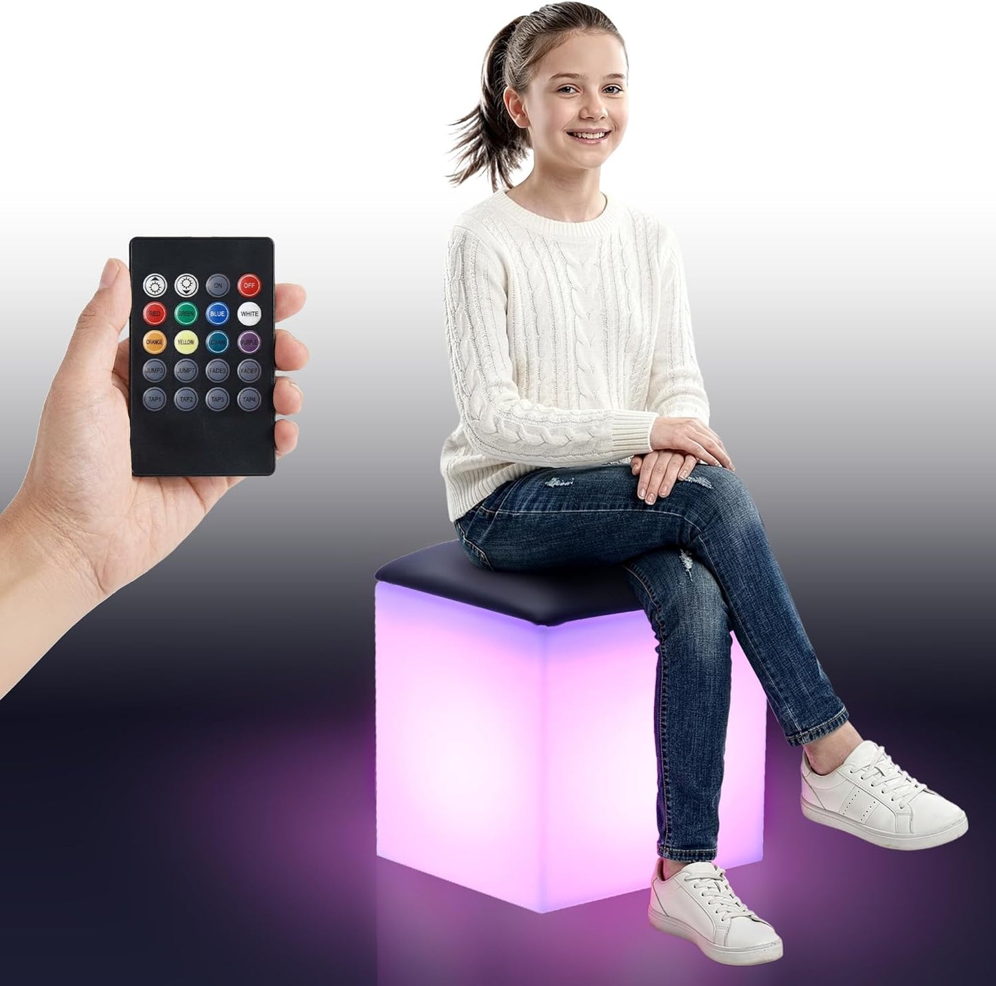Special Supplies LED Cube Light‑Up Chair/Table Set – Color Changing Glow Cube Furniture, Mood Lighting, RGB LED Seat/Table for Sensory Play, Home and School (16")