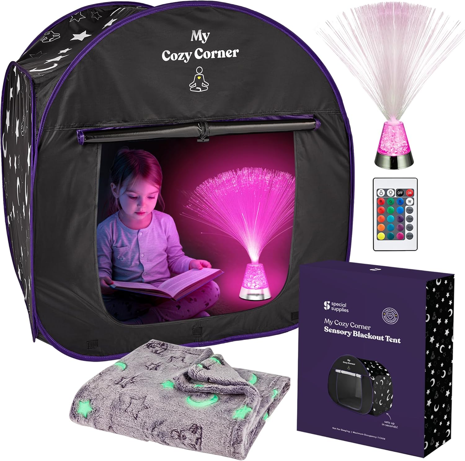 sensory tents for adults Blackout Sensory Tent for Kids, Pop Up Calming Play Room with Fiber Optic Lamp and Glow-in-The-Dark Fuzzy Blanket