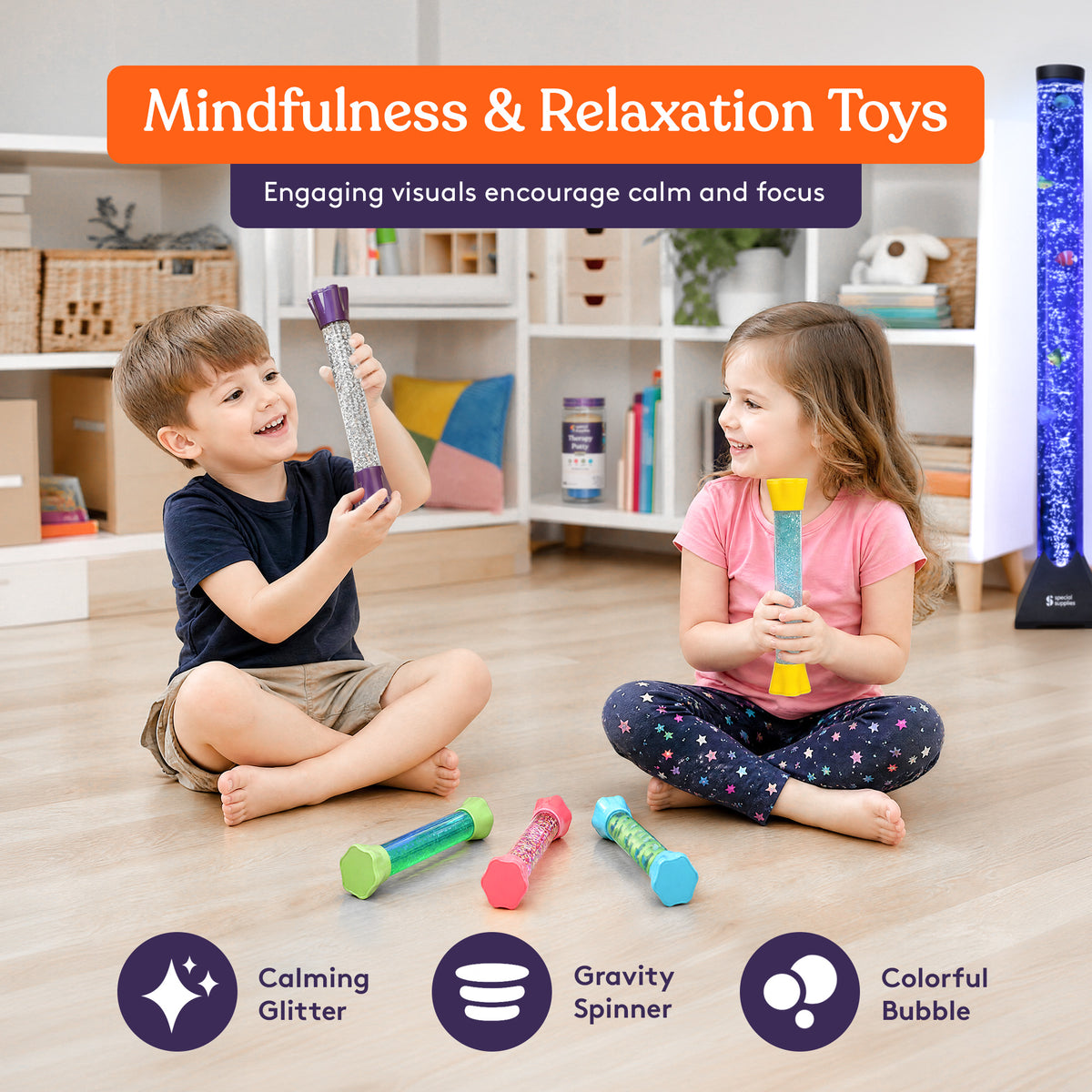 Liquid Motion Bubbler Toy Cool Tubes 5-Pack Colorful Hourglass Timer with Droplet Movement, Bedroom, Sensory Play, Cool Home or School