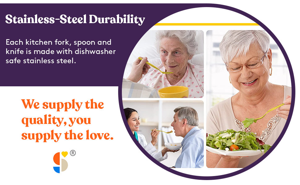 Special Supplies Adaptive Utensils (4-Piece Premium Stainless Steel) Wide, 7oz. Each Heavy Weighted, Non-Slip Handles for Hand Tremors, Arthritis, Parkinson's or Elderly Use, Knife, Fork, Spoons - Gold