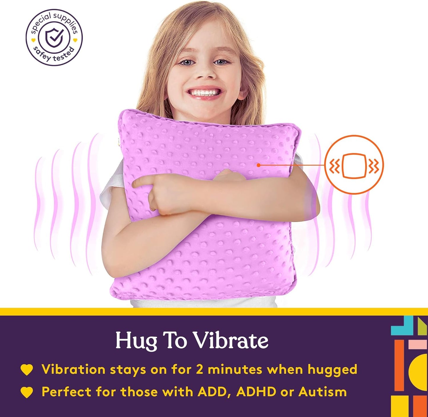 Sensory Vibrating Pillow for Kids and Adults 12" Plush Velvet Soft Cover with Textured Therapy Stimulation HUG TO ACTIVATE Purple