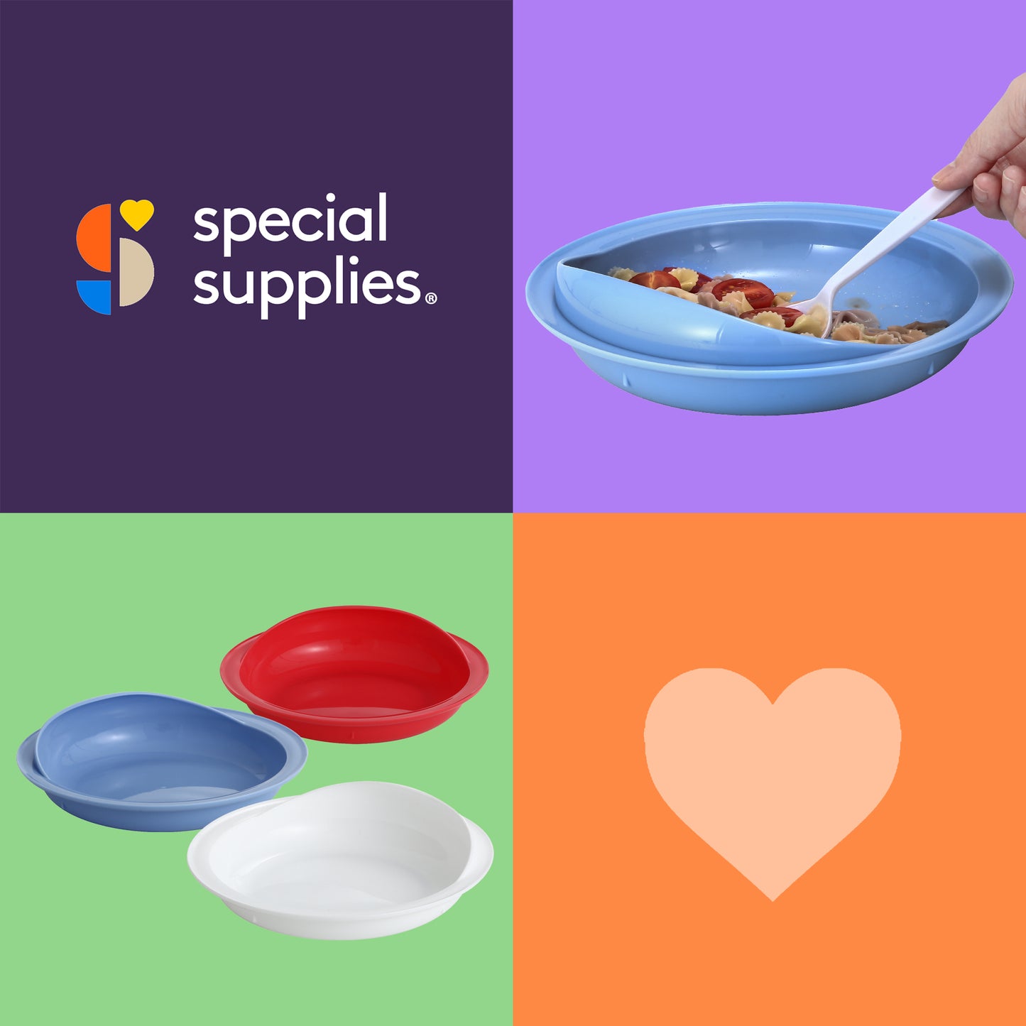 Special Supplies Adaptive Spill-Proof Scoop Plates- Dishes with Wall for Disabled, Elderly Adults with Special Needs from Parkinson's, Dementia, Tremors- 3 Pack (White, Blue, Red)