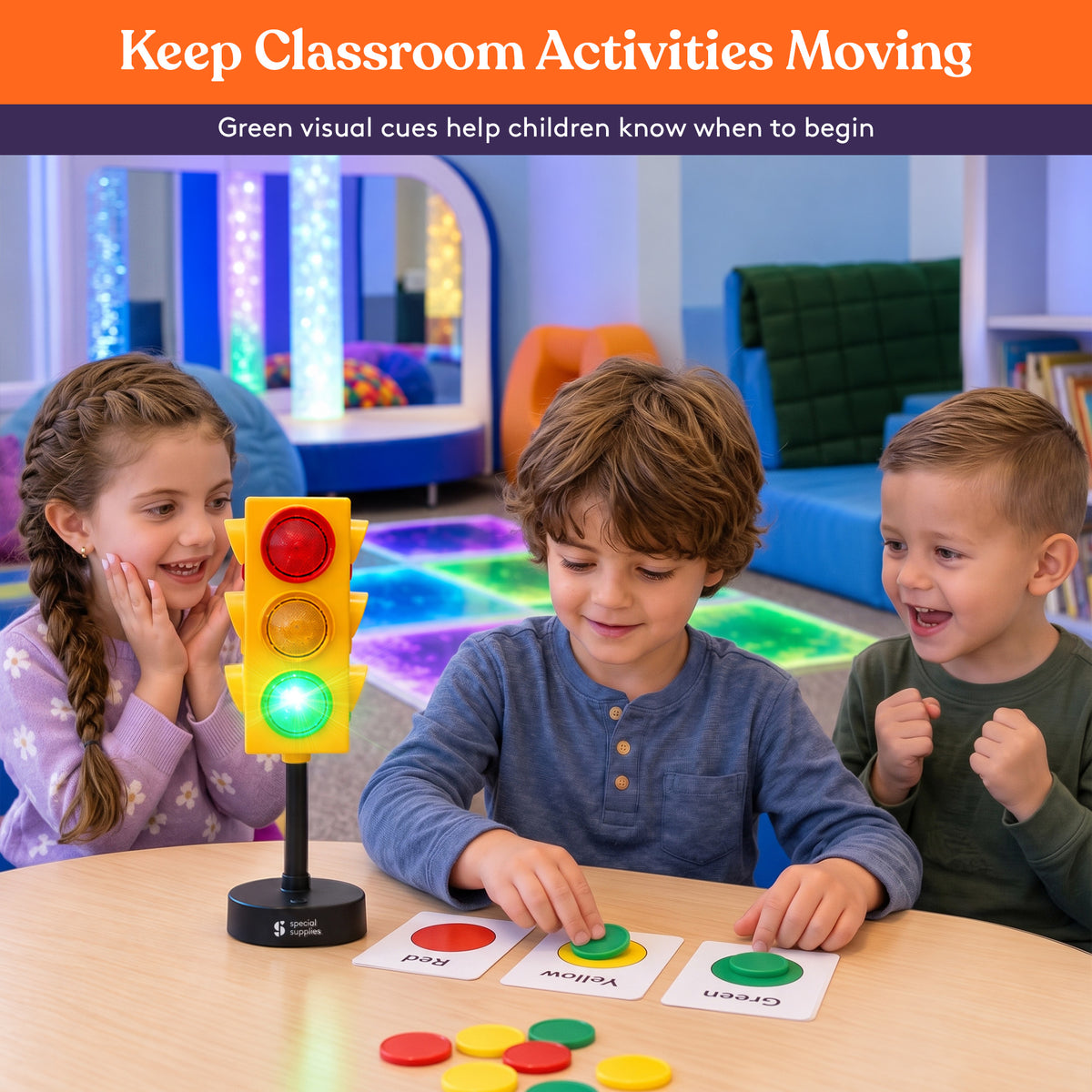 Special Supplies Traffic Light Visual Aid – Educational LED Stoplight with Remote Control, Light and Flash Modes for Classroom Decor, Sensory Room, School & Home