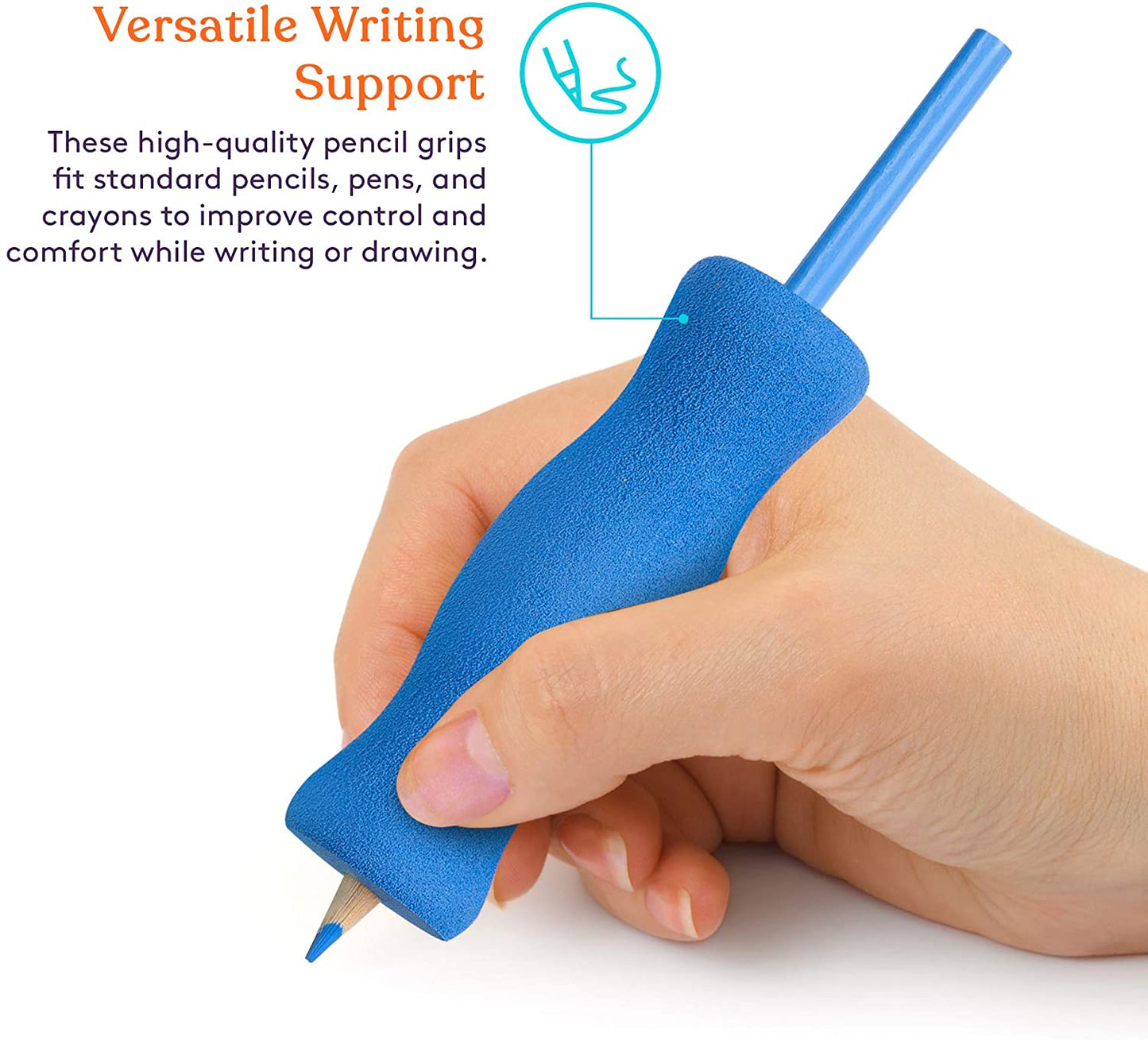 Long Foam Pencil Grips for Kids and Adults (12-Pack) Colorful, Cushioned Holders for Handwriting, Drawing, Coloring | Ergonomic Right or Left-Handed Use | Reusable