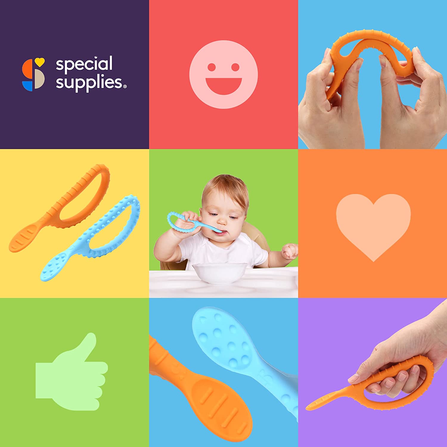 Special Supplies Duo Spoon Loops Oral Motor Therapy Tools, 2 Pack, Textured Stimulation and Sensory Input Treatment for Babies, Toddlers or Kids, BPA Free Silicone with Flexible, Easy Handle-Blue & Orange
