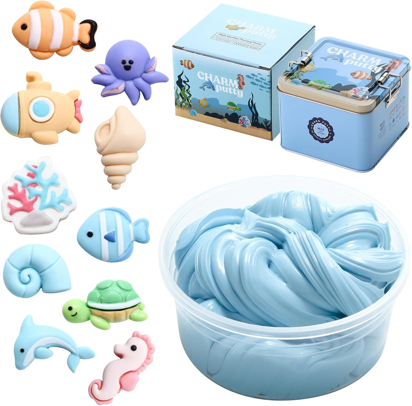 Therapy Putty for Kids and Adults with 10 Cute Charms - Resistive Hand Exercise Stress Relief Therapy Putty, Five Ounces of Each Putty (Sea Set - Strength: Soft)