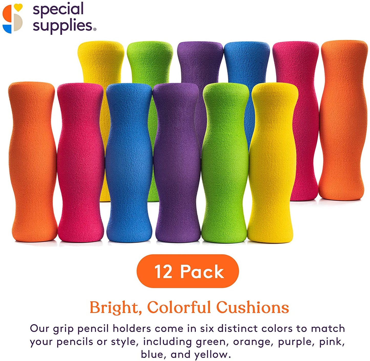 Long Foam Pencil Grips for Kids and Adults (12-Pack) Colorful, Cushioned Holders for Handwriting, Drawing, Coloring | Ergonomic Right or Left-Handed Use | Reusable