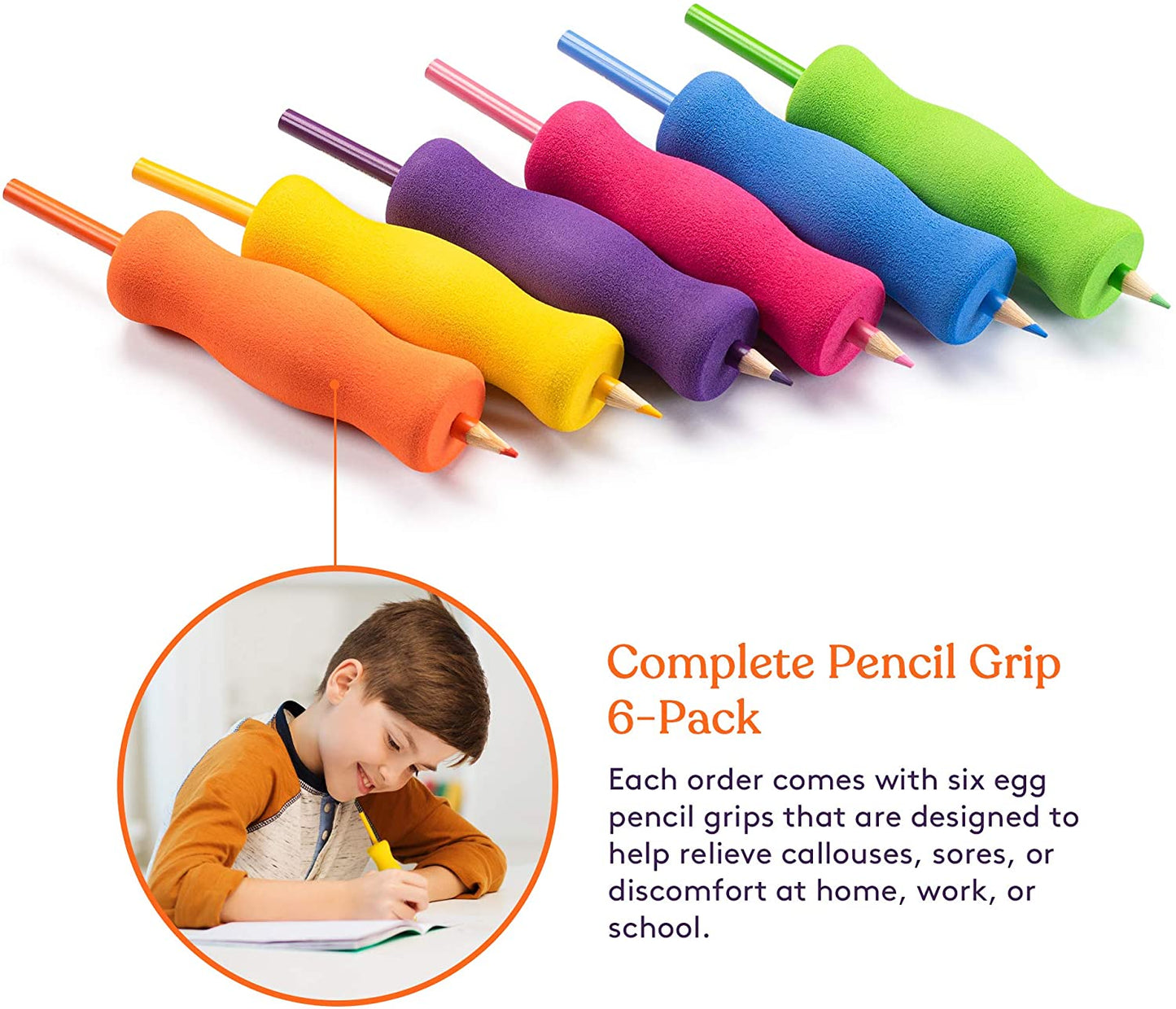 Long Foam Pencil Grips for Kids and Adults (6-Pack) Colorful, Cushioned Holders for Handwriting, Drawing, Coloring | Ergonomic Right or Left-Handed Use | Reusable