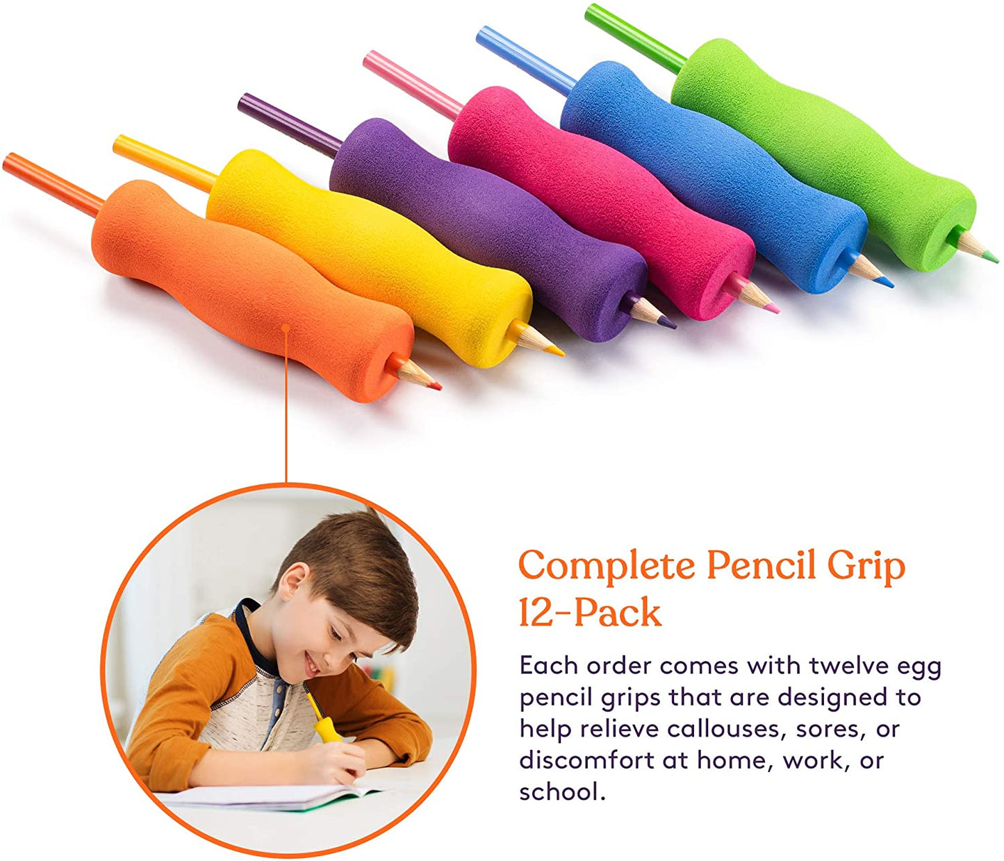 Long Foam Pencil Grips for Kids and Adults (12-Pack) Colorful, Cushioned Holders for Handwriting, Drawing, Coloring | Ergonomic Right or Left-Handed Use | Reusable