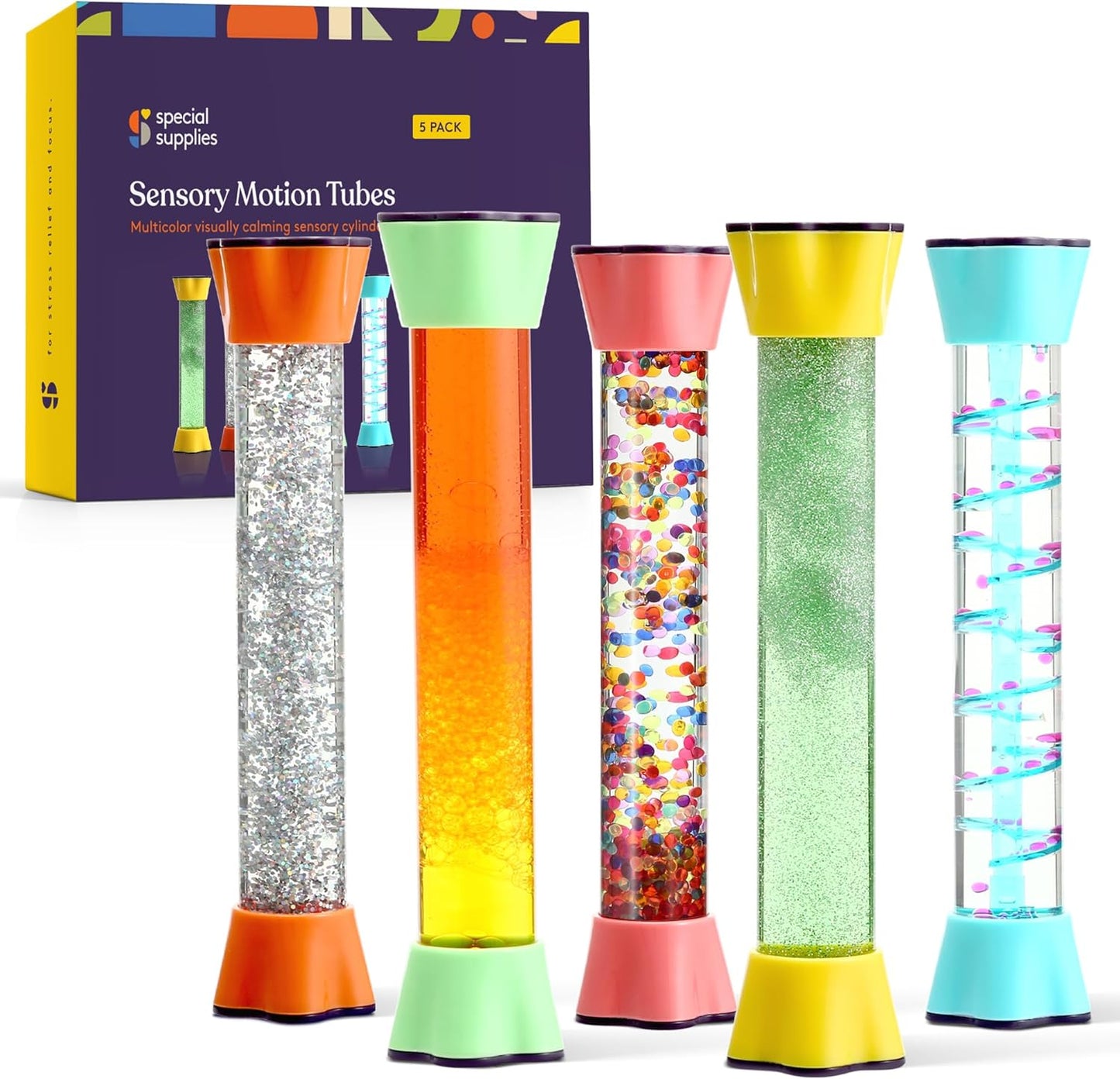 Liquid Motion Bubbler Toy Cool Tubes 5-Pack Colorful Hourglass Timer with Droplet Movement, Bedroom, Sensory Play, Cool Home or School