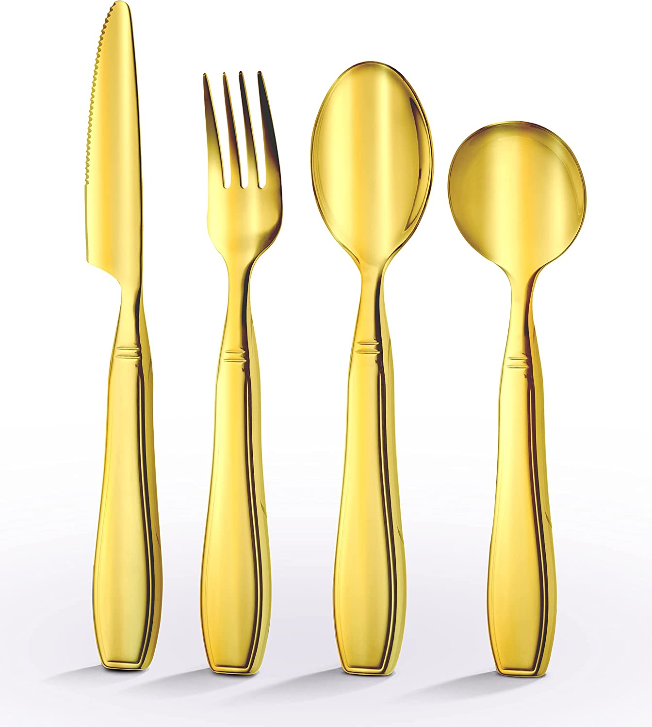 Special Supplies Adaptive Utensils (4-Piece Premium Stainless Steel) Wide, 7oz. Each Heavy Weighted, Non-Slip Handles for Hand Tremors, Arthritis, Parkinson's or Elderly Use, Knife, Fork, Spoons - Gold