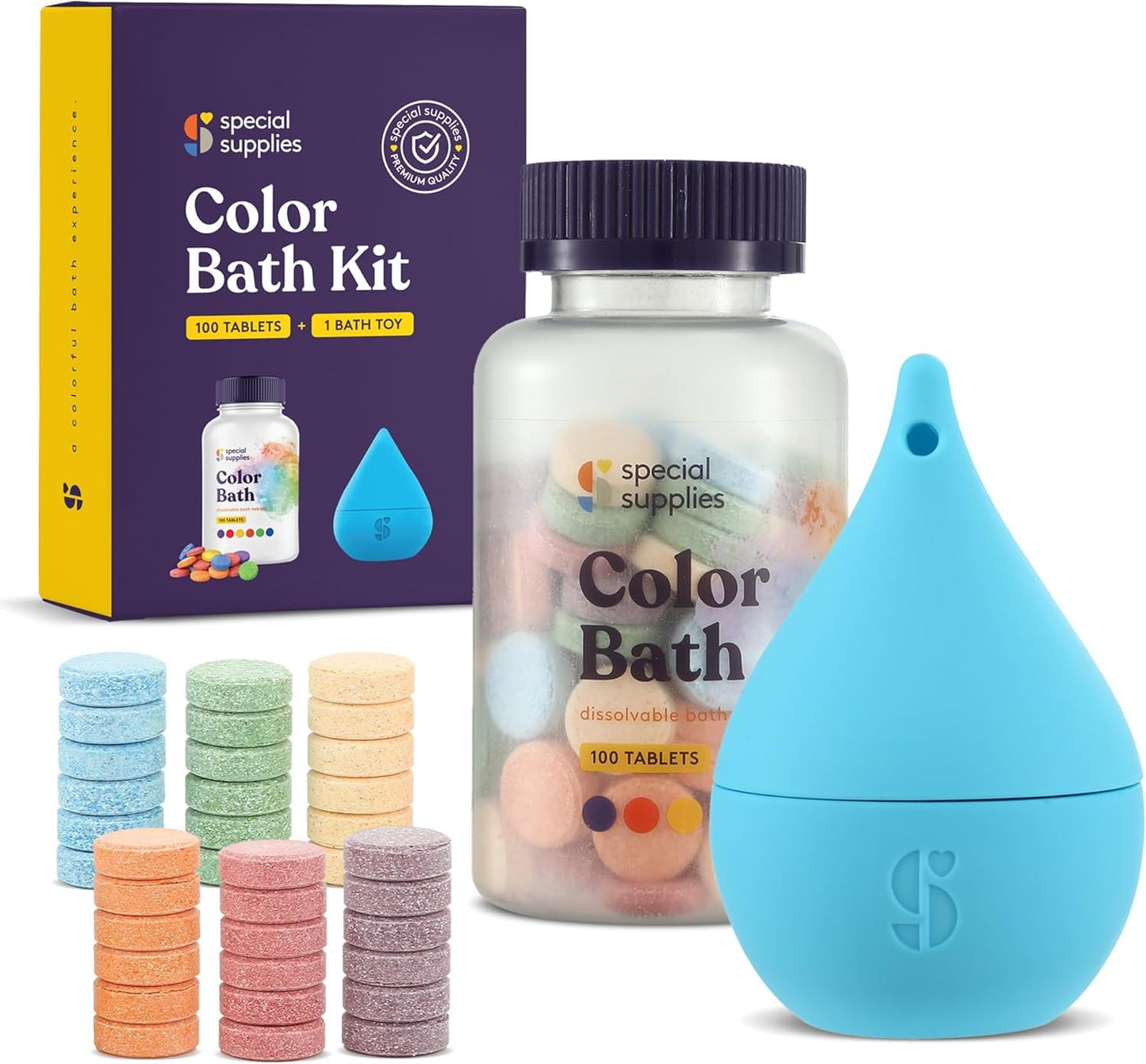 Special Supplies Color Bath Tablets for Kids, 100-Count, Dissolvable, Water Color-Changing Fun, Cute Toy Included