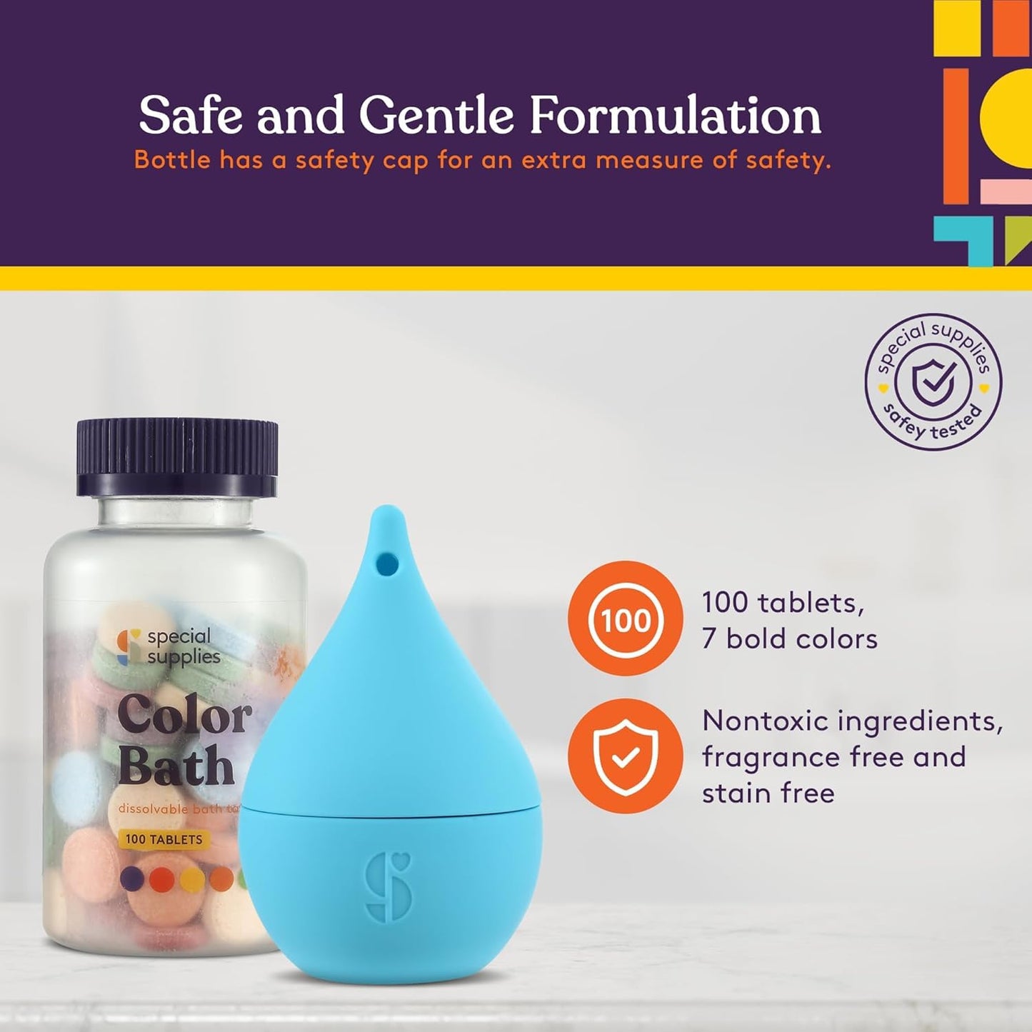 Special Supplies Color Bath Tablets for Kids, 100-Count, Dissolvable, Water Color-Changing Fun, Cute Toy Included