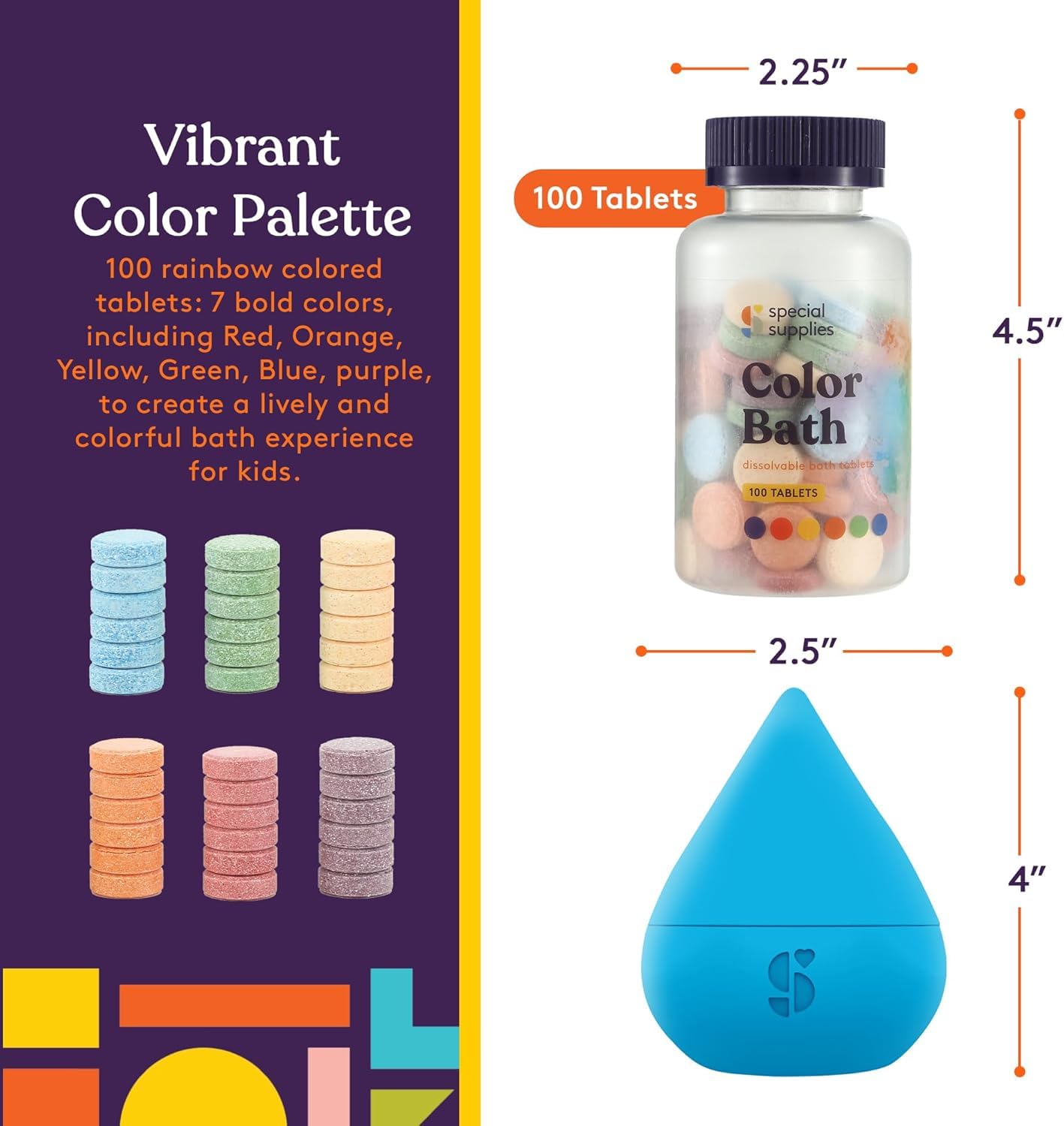 Special Supplies Color Bath Tablets for Kids, 100-Count, Dissolvable, Water Color-Changing Fun, Cute Toy Included