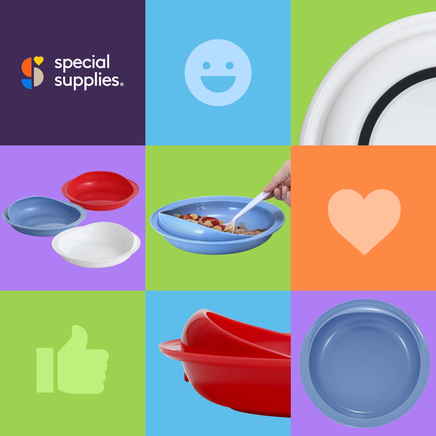 Special Supplies Adaptive Spill-Proof Scoop Plates- Dishes with Wall for Disabled, Elderly Adults with Special Needs from Parkinson's, Dementia, Tremors- 3 Pack (White, Blue, Red)