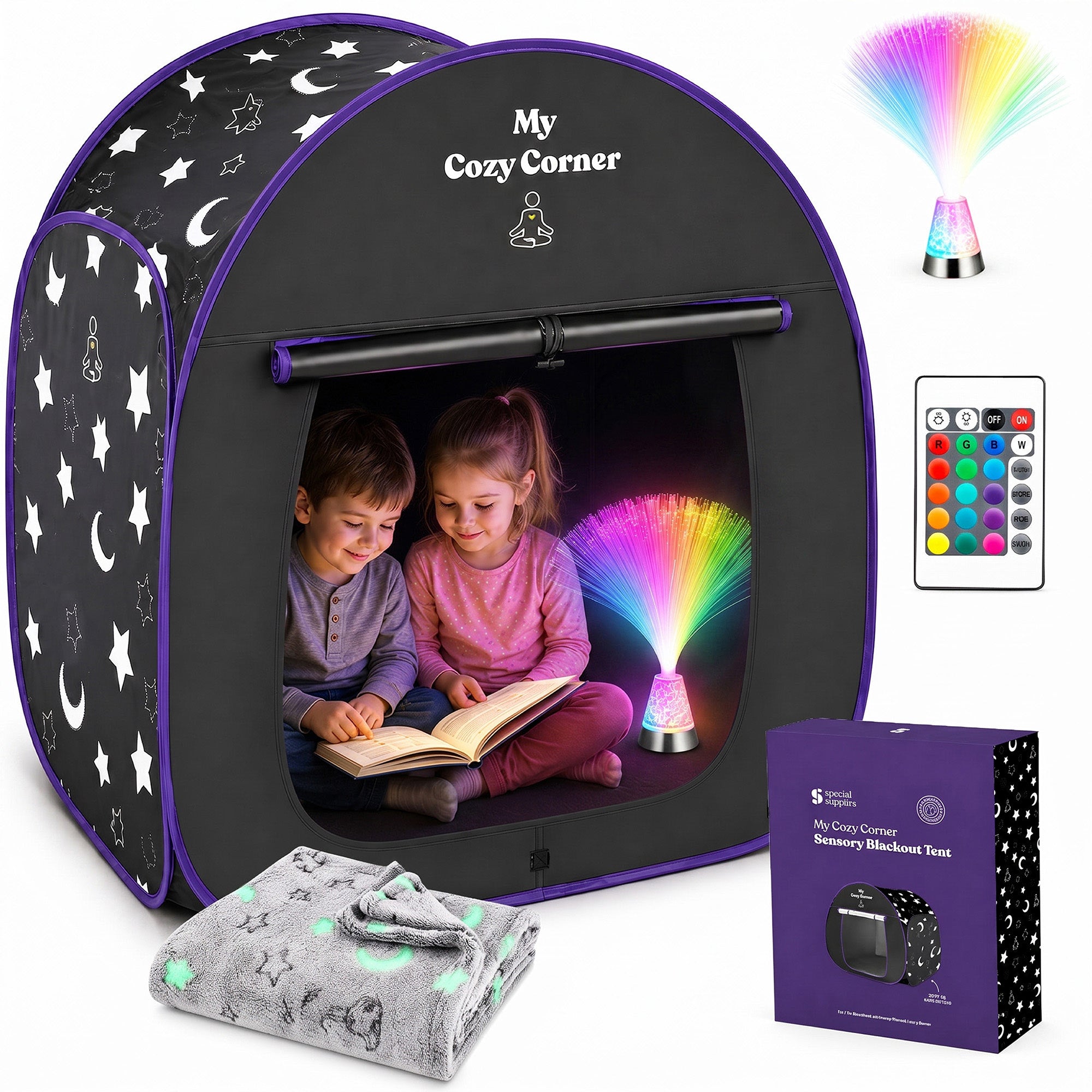 Blackout Sensory Tent for Kids, Pop Up Calming Play Room with Fiber Optic Lamp and Glow-in-The-Dark Fuzzy Blanket
