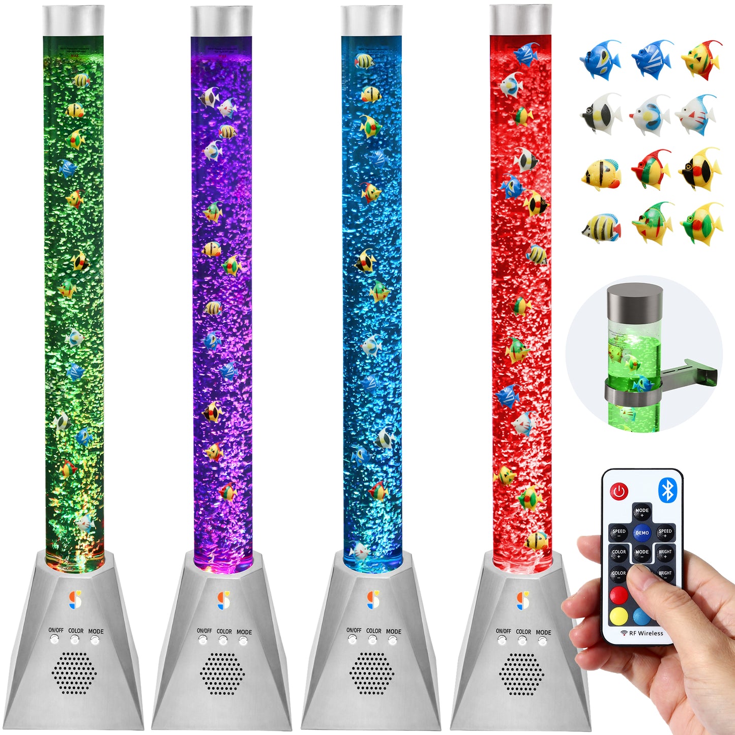 Special Supplies Aquarium Sensory Bubble Tube Lamp - 4ft Color-Changing LED with Remote, 5 Fishes, Nightlight Effect & Bluetooth Speaker- Diamond Shaped Base