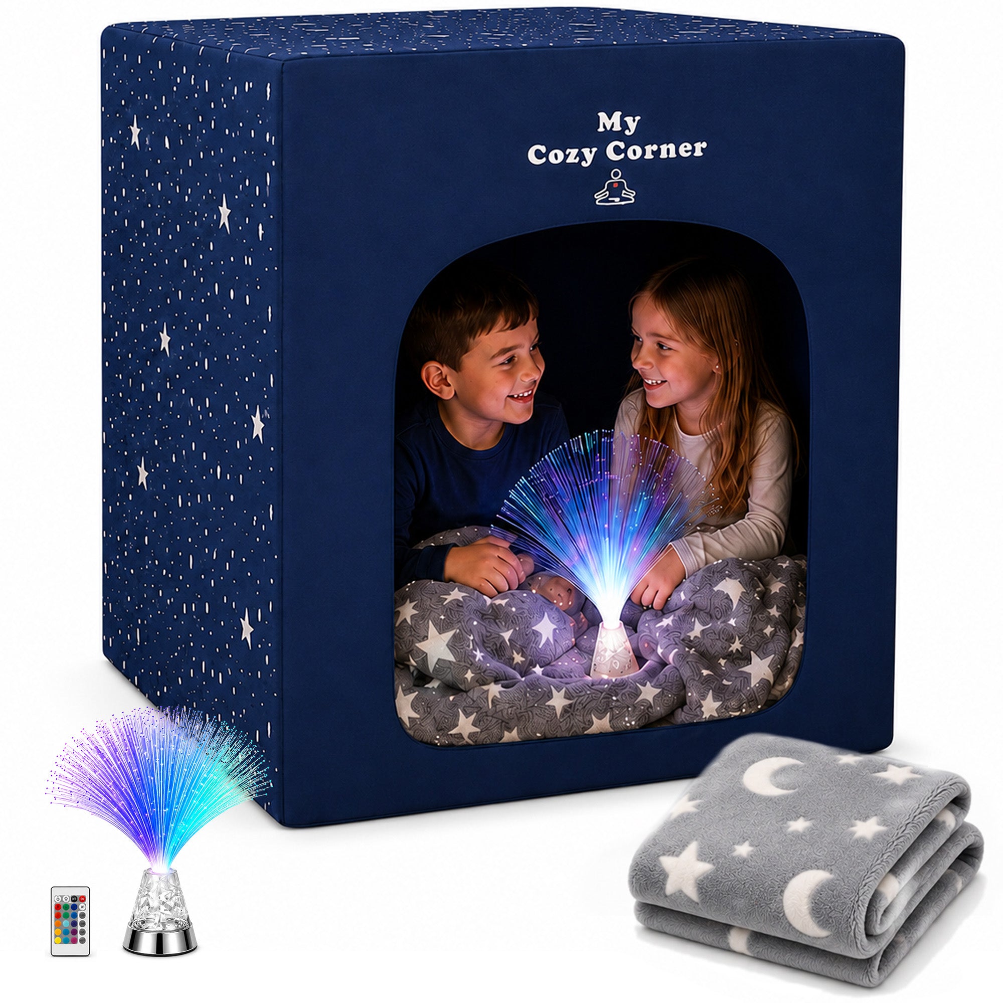 Special Supplies Blackout Sensory Tent for Kids, Calming Play Room with Fiber Optic Lamp and Glow-in-The-Dark Fuzzy Blanket