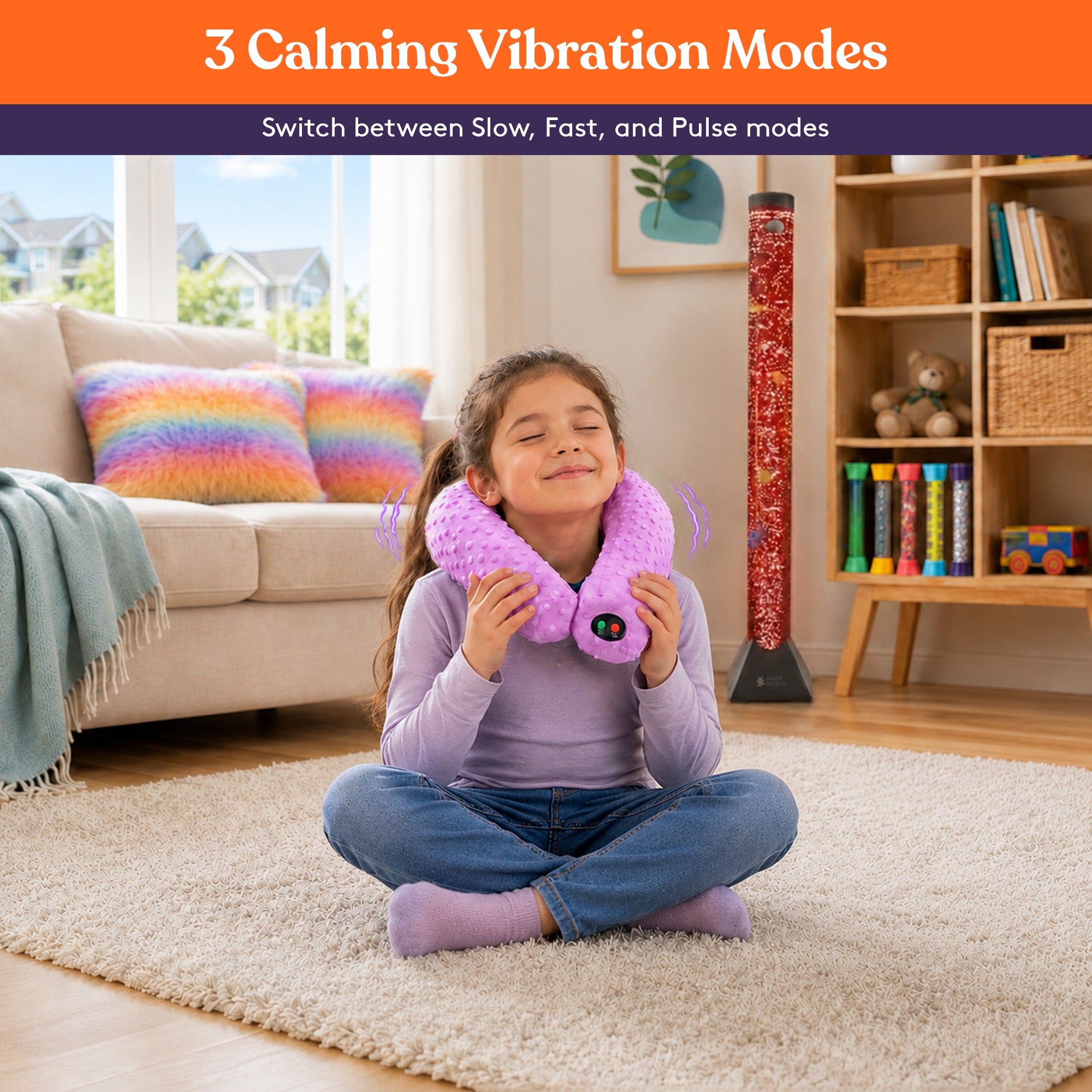 Special Supplies Sensory Vibrating Neck Pillow for Kids and Adults Plush Velvet Soft Cover with Textured Therapy Stimulation, Mind and Body Calming Relaxation-Pink