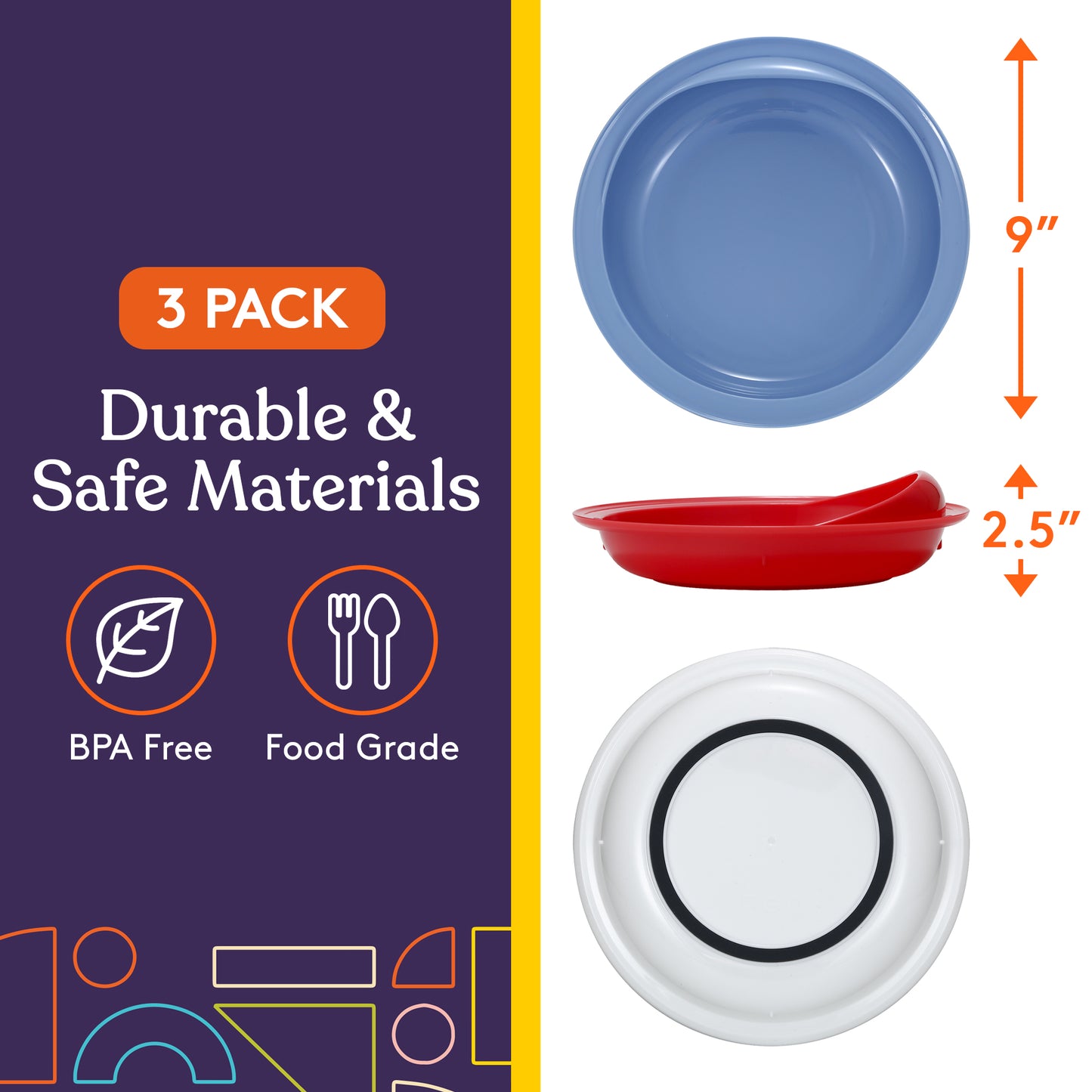 Special Supplies Adaptive Spill-Proof Scoop Plates- Dishes with Wall for Disabled, Elderly Adults with Special Needs from Parkinson's, Dementia, Tremors- 3 Pack (White, Blue, Red)