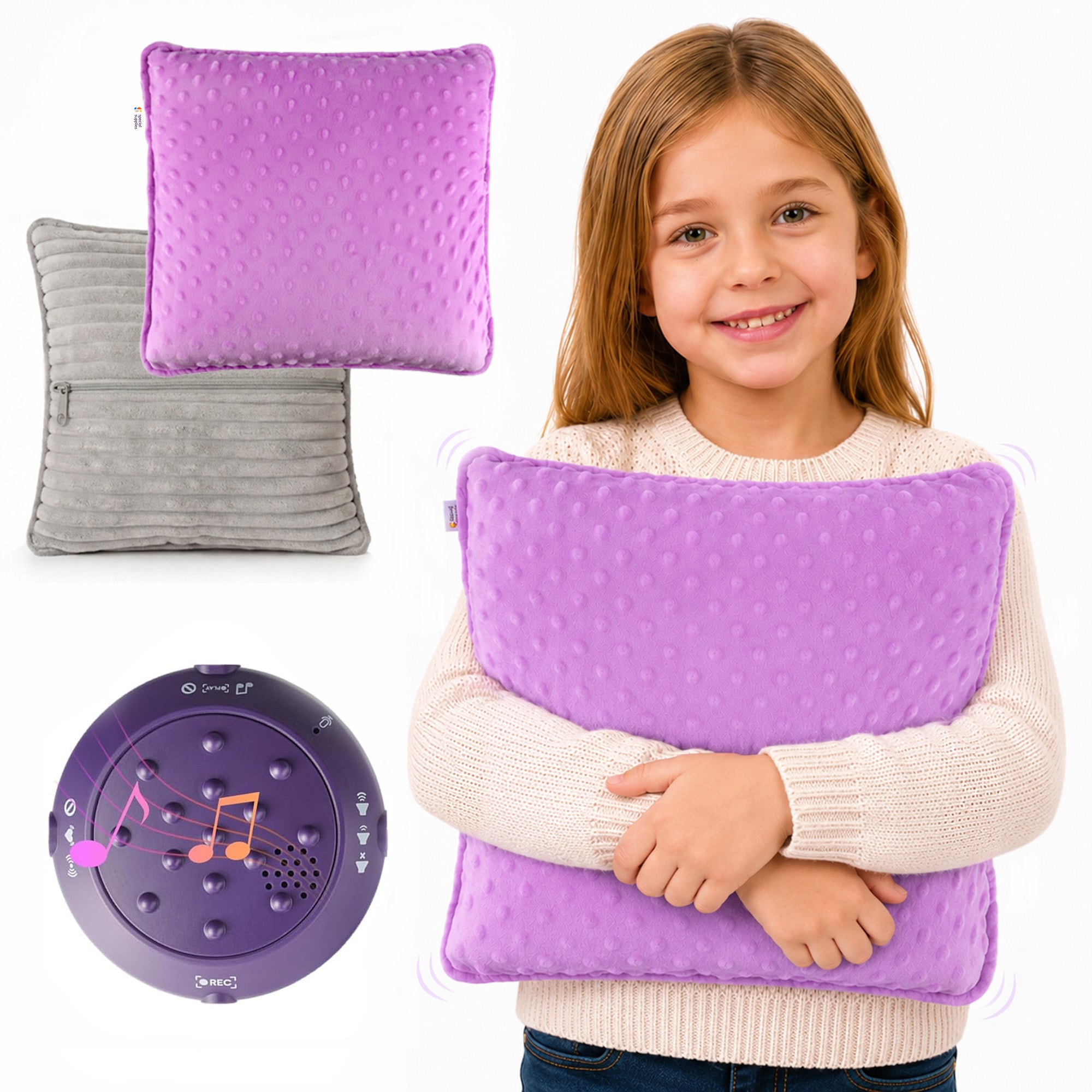 Sensory Vibrating Pillow for Kids and Adults 12" Plush Velvet Soft Cover with Textured Therapy Stimulation HUG TO ACTIVATE Purple