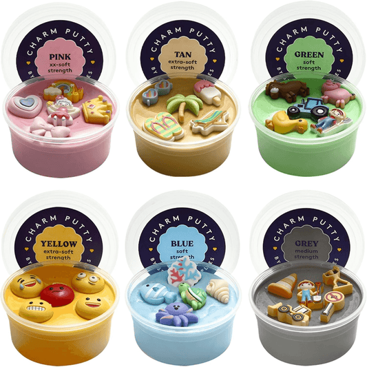 Sensory Therapy Putty for Kids and Adults with Cute Charms, Resistive Hand Exercise Stress Relief Therapy Putty, Five Ounces of Each Putty, Construction,Sea,Beach,Princess,Emoji,Farm