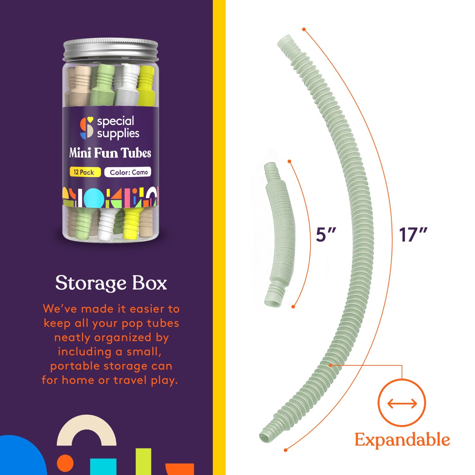 Special Supplies 12-Pack MINI Fun Pull and Pop Tubes for Kids Stretch, Bend, Build, and Connect Toy, Provide Tactile and Auditory Sensory Play, Colorful, Heavy-Duty Plastic (Camo)
