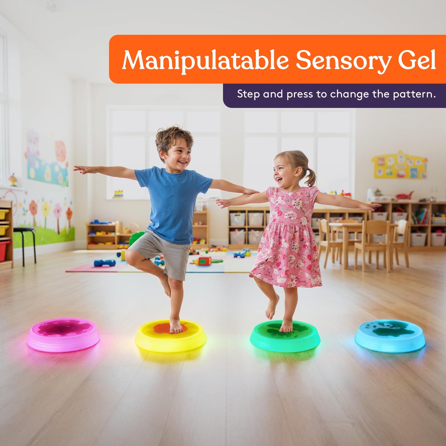 Special Supplies Liquid Gel LED Stepping Stones for Kids - Light-Up Circle Balance Blocks - Promote Coordination, Balance, Strength for Toddlers & Children - Durable Non-Slip Rubber, Safe Indoor & Outdoor Play - 4 Pack