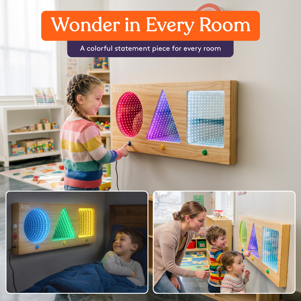 Special Supplies Geometric LED Infinity Mirror Sensory Wall Panel 3 Illuminated Infinity Shapes, Interactive Push-Button LED Controls, Deep Tunnel Light Effect, Sensory Visual Stimulation