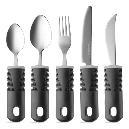 Adaptive Utensils - Arthritis Aid Silverware Set for Parkinsons, Hand Tremors - Easy Grip for Shaking, Elderly & Trembling Hands - Stainless Steel Spoons, Fork & Knifes Included - Black