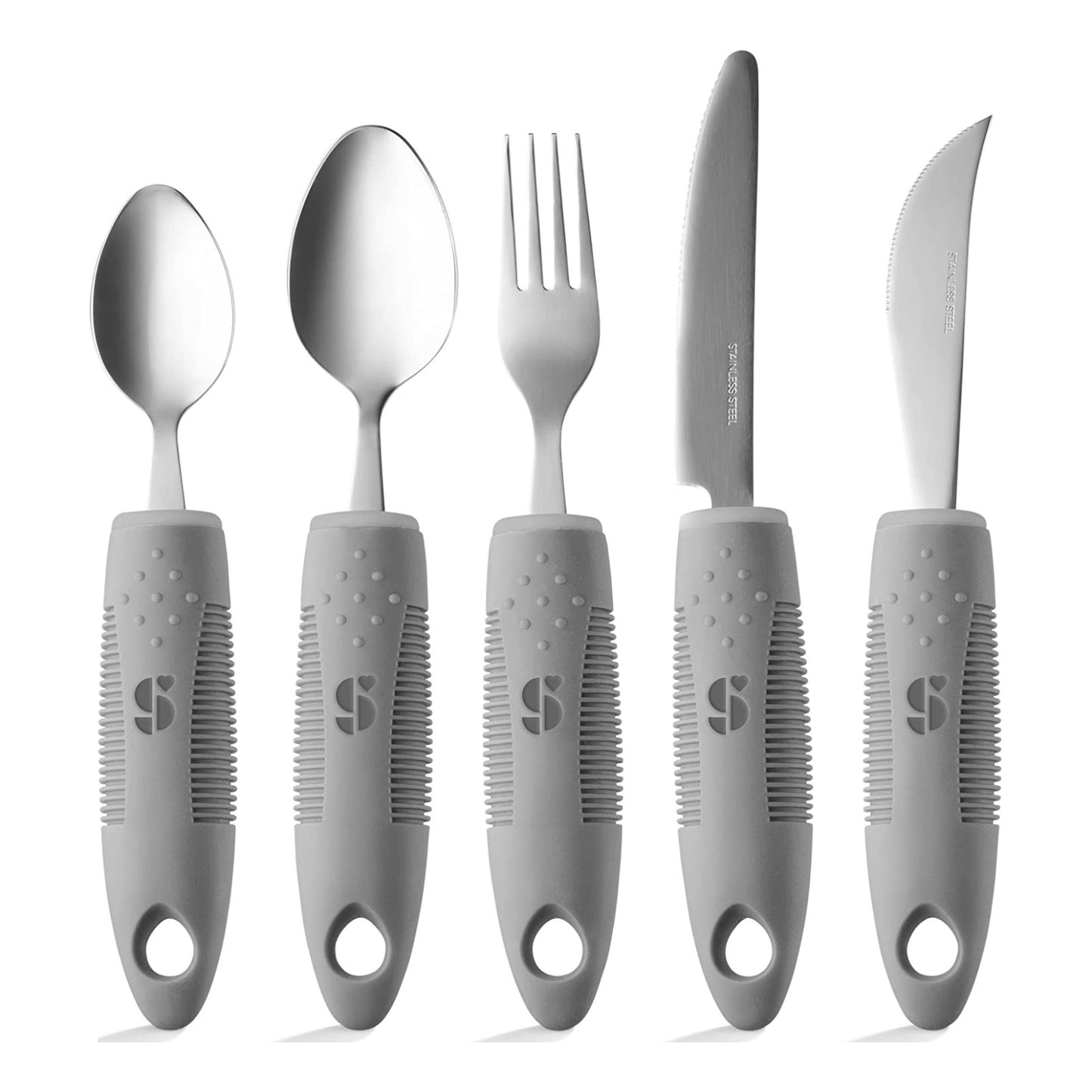 Adaptive Utensils - Arthritis Aid Silverware - Easy Grip for Shaking, Elderly & Trembling Hands - Stainless Steel Spoons, Fork & Knifes Included - Grey