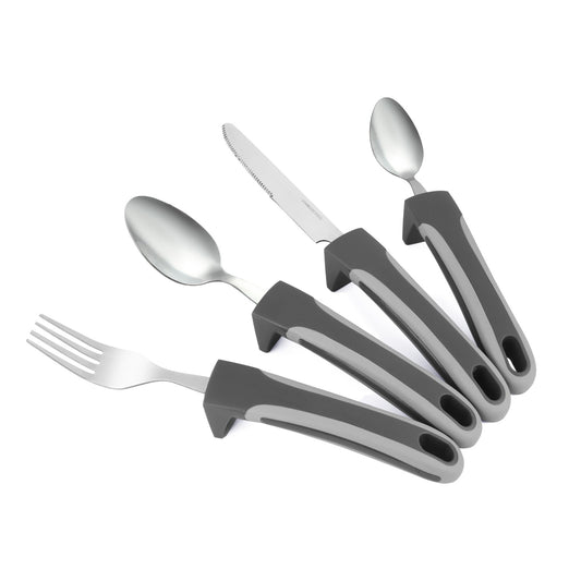 Adaptive Utensils - Arthritis Aid Silverware - Easy Grip for Shaking, Elderly & Trembling Hands - Stainless Steel Spoons, Fork & Knife Included - Gray