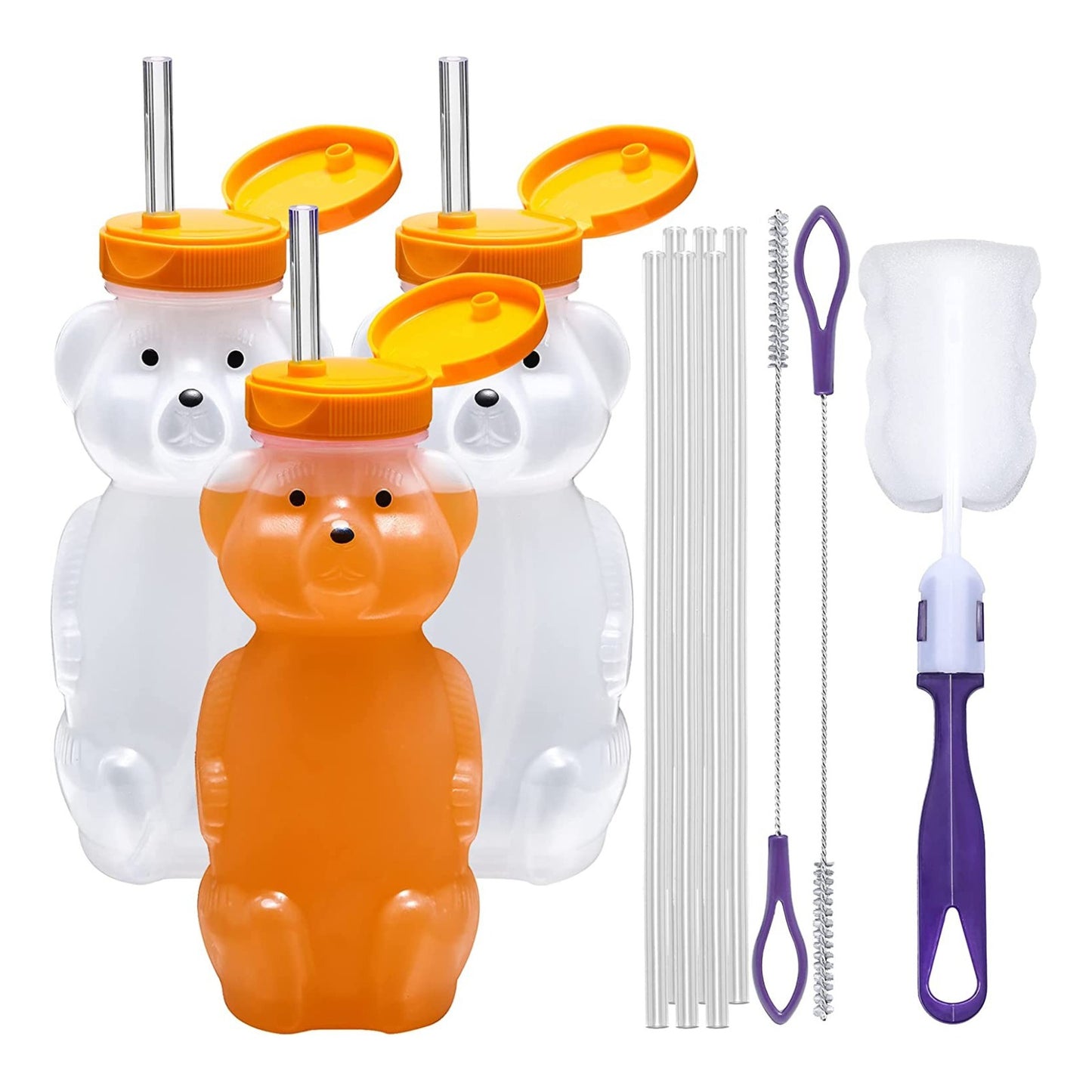 3-pack Juice Bear Bottle Drinking Cup with Long Straws (8 Ounces)