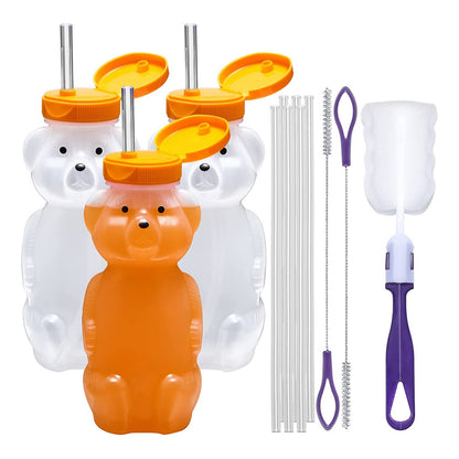 3-pack Juice Bear Bottle Drinking Cup with Long Straws (8 Ounces)