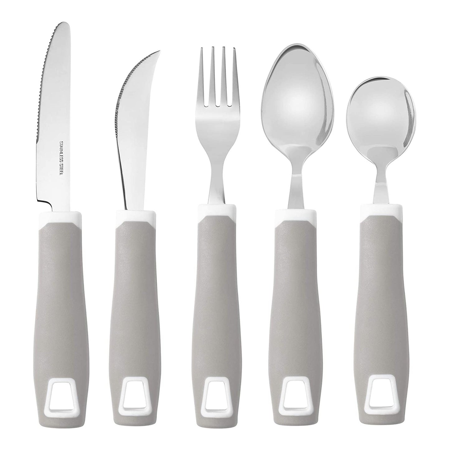 Set of 5 Gray Adaptive Utensils - Stainless Steel Knife, Rocker Knife, Fork, Soup Spoon, Dinner Spoon