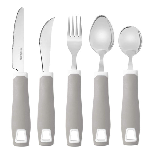 Set of 5 Gray Adaptive Utensils - Stainless Steel Knife, Rocker Knife, Fork, Soup Spoon, Dinner Spoon