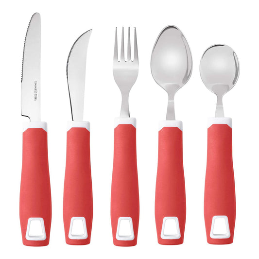 Set of 5 Red Adaptive Utensils - Stainless Steel Knife, Rocker Knife, Fork, Soup Spoon, Dinner Spoon