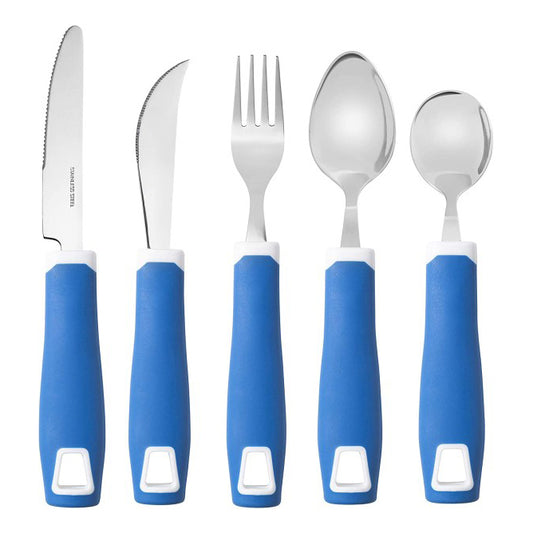 Set of 5 Blue Adaptive Utensils - Stainless Steel Knife, Rocker Knife, Fork, Soup Spoon, Dinner Spoon