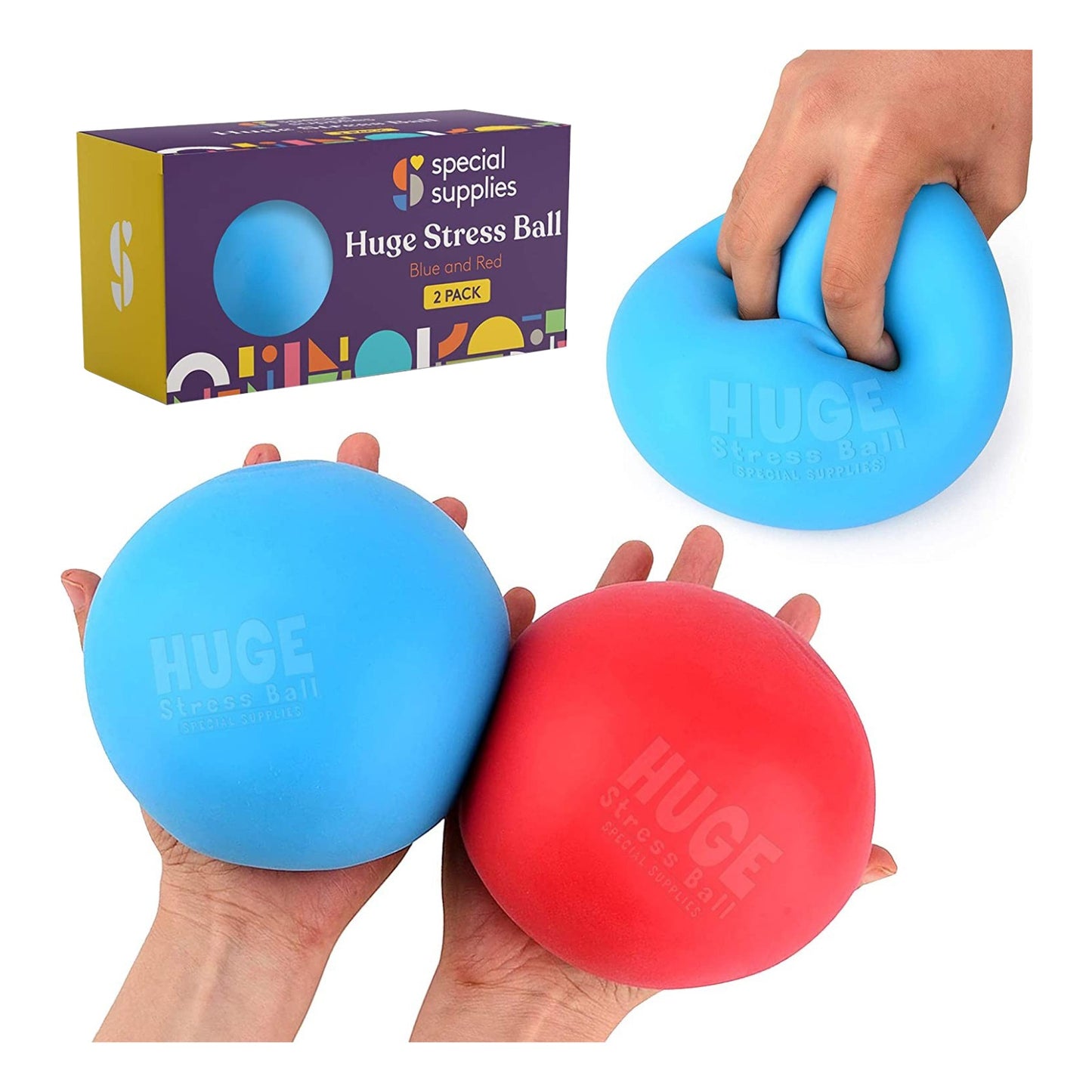 Jumbo Size Stress Balls for Kids and Adults - 2 Pack - Red and Blue