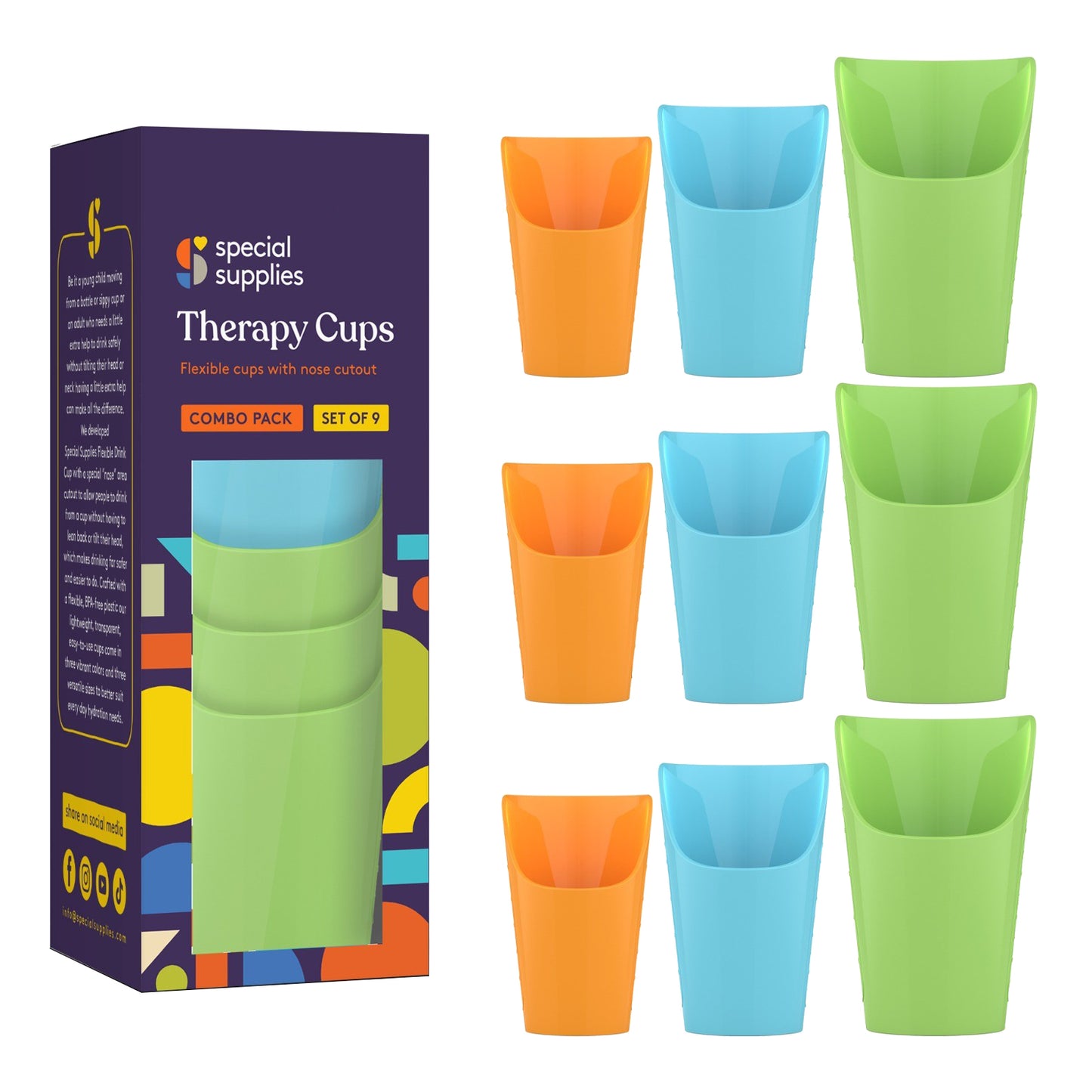 Combo Pack of 9 Flexible Drinking Cups with Nose Mold Cutout, 9 Pc. Set for Physical Therapy