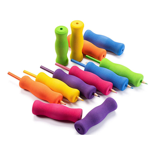 Long Foam Pencil Grips for Kids and Adults (12-Pack) Colorful, Cushioned Holders for Handwriting, Drawing, Coloring | Ergonomic Right or Left-Handed Use | Reusable