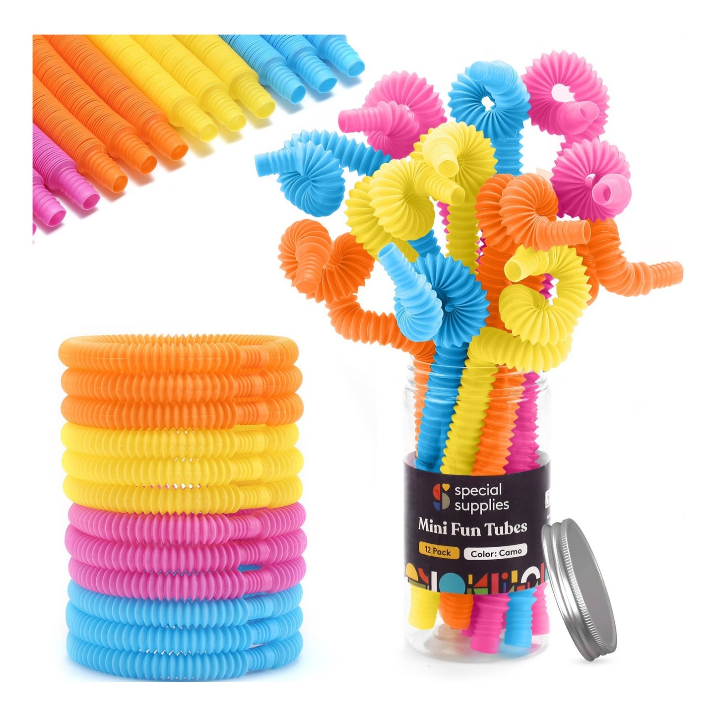 Special Supplies 12-Pack MINI Fun Pull and Pop Tubes for Kids Stretch, Bend, Build, and Connect Toy, Provide Tactile and Auditory Sensory Play, Colorful, Heavy-Duty Plastic (Primary)