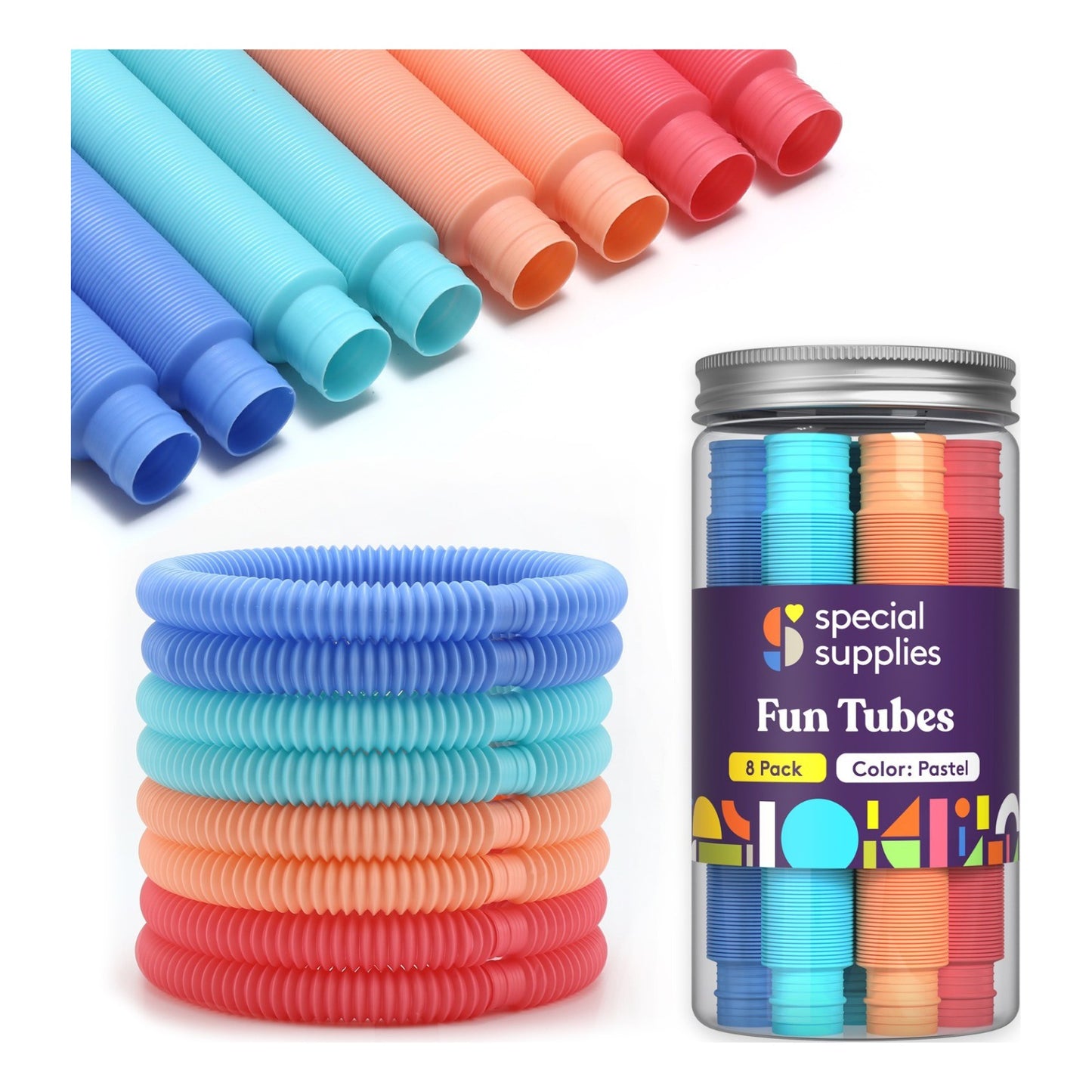 Fun Pull and Pop Tubes for Kids Stretch, Bend, Build, and Connect Toy, Provide Tactile and Auditory Sensory Play, Colorful, Heavy-Duty Plastic by Special Supplies: 8-Pack