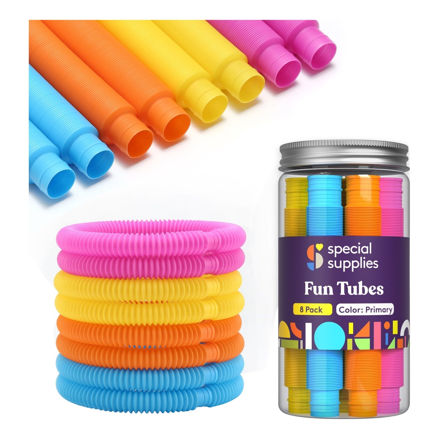 Fun Pull and Pop Tubes for Kids Stretch, Bend, Build, and Connect Toy, Provide Tactile and Auditory Sensory Play, Colorful, Heavy-Duty Plastic by Special Supplies: 8-Pack