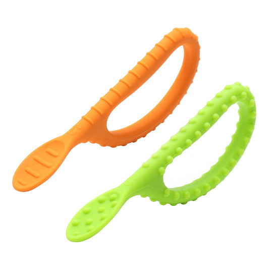 Special Supplies Duo Spoon Loops Oral Motor Therapy Tools, 2 Pack, Textured Stimulation and Sensory Input Treatment for Babies, Toddlers or Kids, BPA Free Silicone with Flexible, Easy Handle-Green & Orange