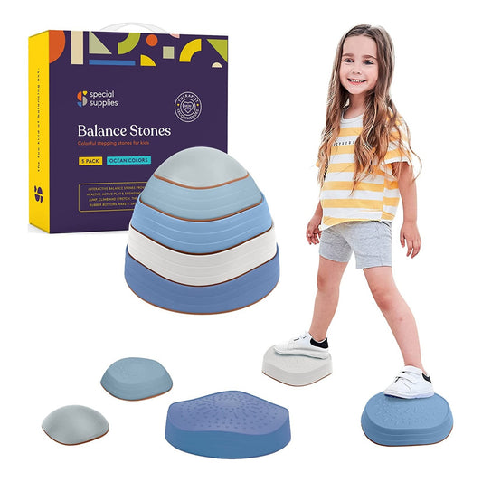 Special Supplies Stepping Stones for Kids, 5 Balance Indoor and Outdoor Blocks Promote Coordination, Balance, Strength, Child Safe Rubber, Non-Slip Edging, Stackable, Ocean Colors