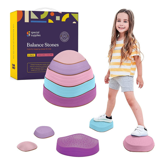 Special Supplies Stepping Stones for Kids, 5 Balance Indoor and Outdoor Blocks Promote Coordination, Balance, Strength, Child Safe Rubber, Non-Slip Edging, Stackable, Unicorn Colors