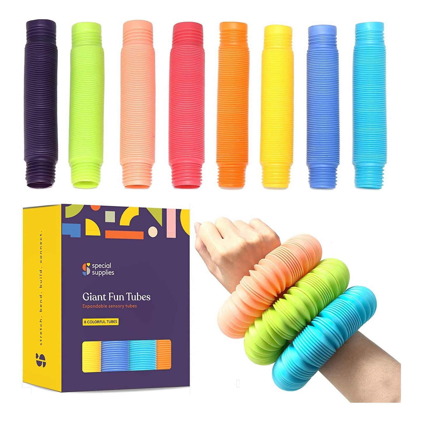 Special Supplies 8-Pack Fun Pull and Stretch Tubes for Kids - Pop, Bend, Build, and Connect Toy, Provide Tactile and Auditory Sensory Play, Colorful, Heavy-Duty Plastic (HUGE)