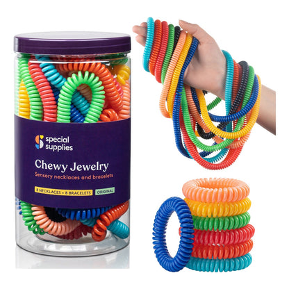 Special Supplies Chewy Jewelry Sensory Necklaces and Bracelets, 16 Pack, Soft and Flexible Silicone, Interactive Stress and Anxiety Relief for Kids, Supports ADD, ADHD, Autism