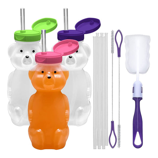 3-pack Juice Bear Bottle Drinking Cup with Long Straws (8 Ounces) (Purple,Green,Pink Caps)